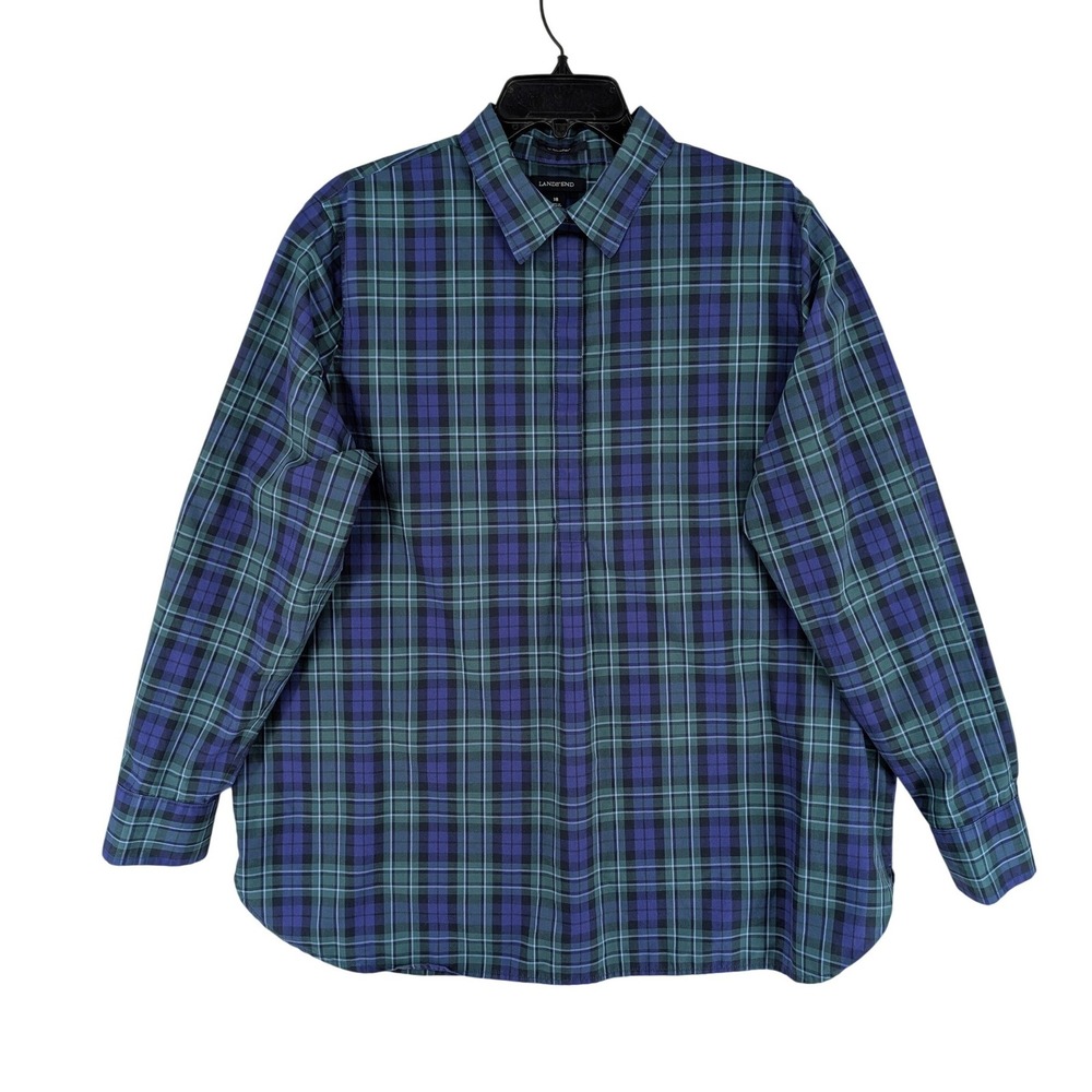 Lands End Womens 18 Supima Cotton Plaid Half Button Shirt‎ Blue Green Preppy